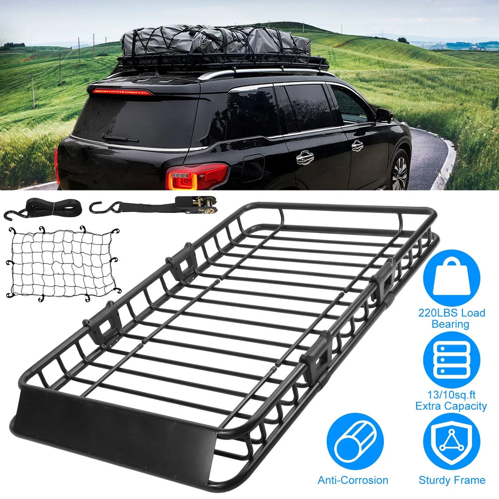 Extension 220 Top Car Capacity and Hooks, with Rack Elastic 10 lb. Basket Luggage Cargo Universal Black Rack Net Roof Carrier, 63x39x6.3in, Basket, iMounTEK Roof