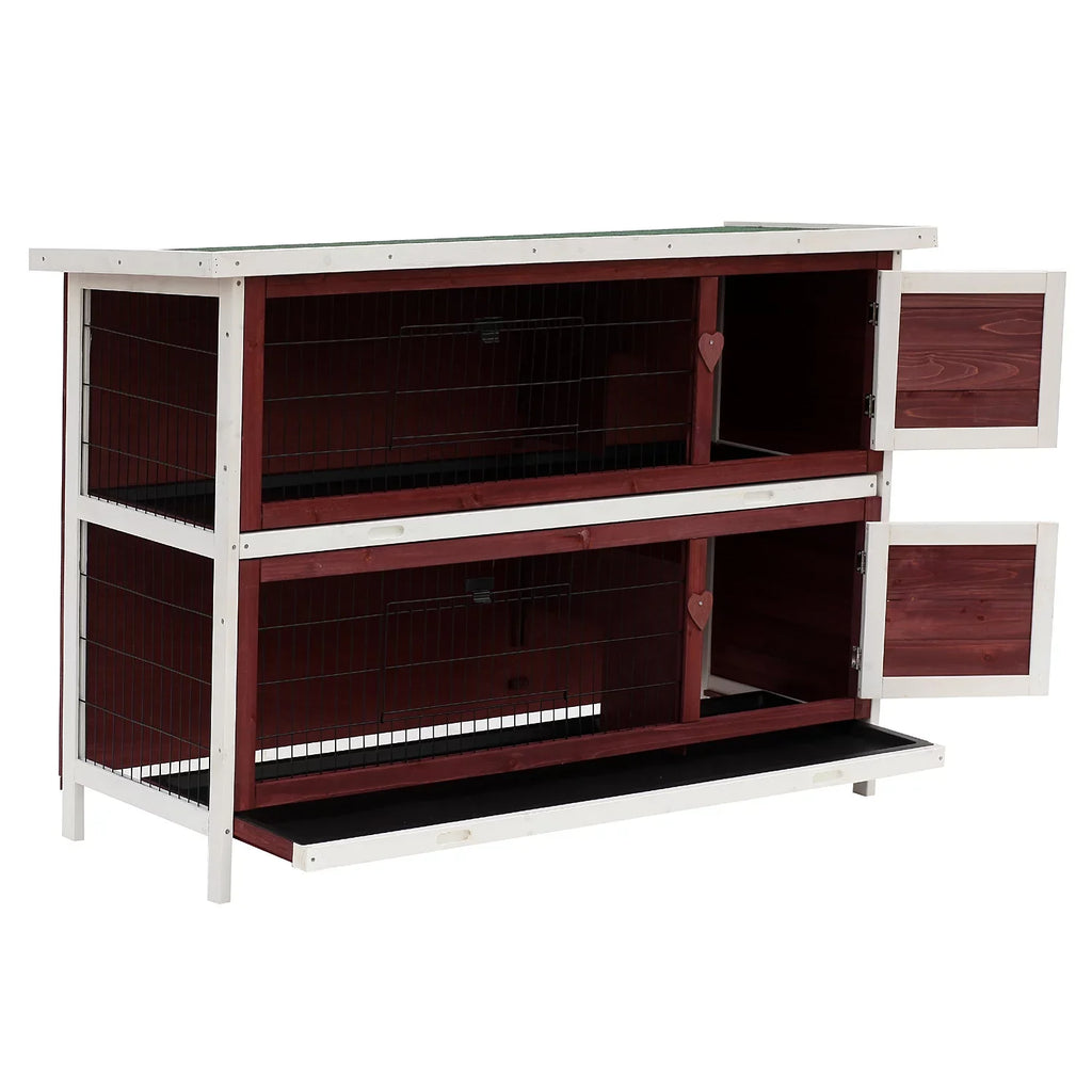 Rabbit Pull-Out with Weatherproof And Elevated Hutch 54" PawHut Run Stackable Wooden Enclosed 2-Story, Fun Trays,