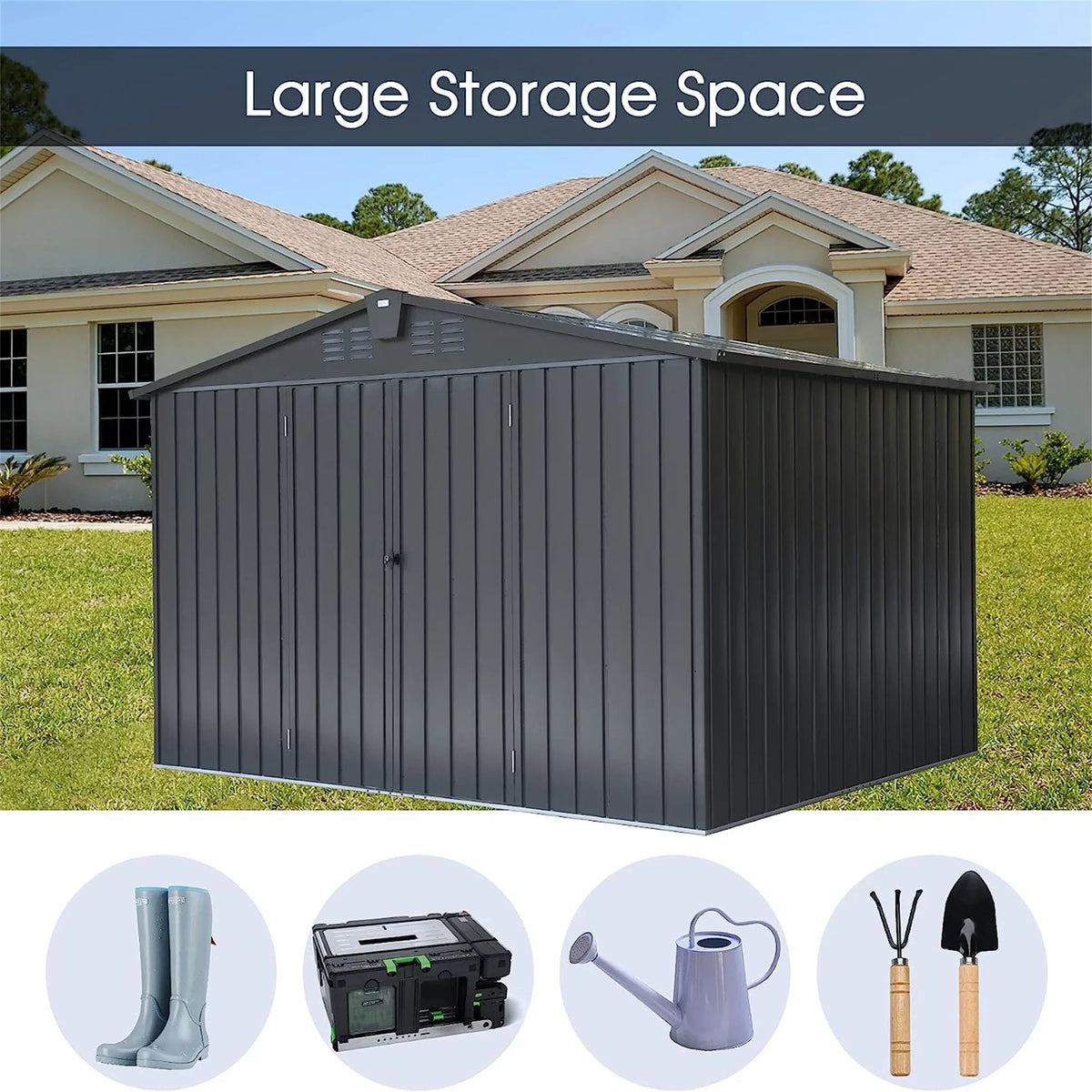 Shed Cabinet Trash with Galvanized Can, Storage Shed 10'x Bike, Patio, Storage Backyard,  Lawn, Black Garden Capri for Lockable Tools, for 8', Steel Outdoor Door Outdoor
