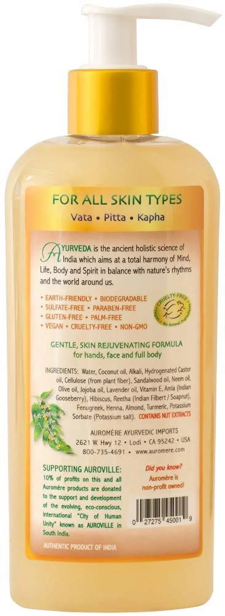 Of Oil, Natural, - (Pack - Ayurvedic Liquid 2). Auromere Soap, Vegan, Cruelty Gmo, Gluten-Free Neem Non Coconut Paraben-Free, Turmeric With And 8Oz Sandalwood Free,