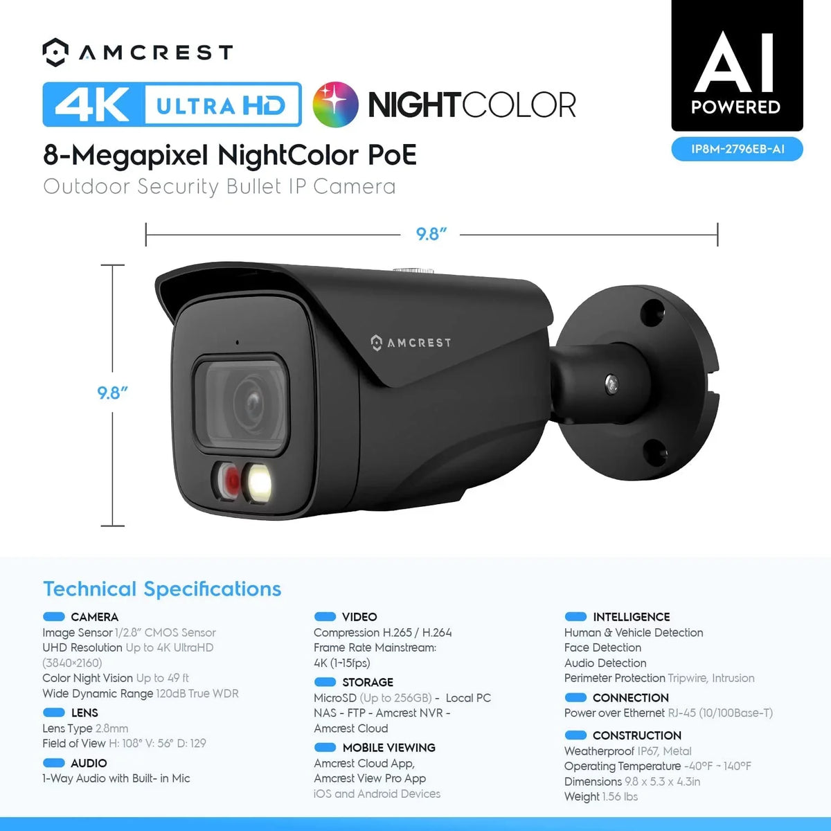 FOV AI 129°, IP8M-2796EB-AI Weatherproof, & Detection, Amcrest Human (3840x2160) Nightvision, Outdoor 49ft @15fps, 4K Camera IP67 Camera, PoE Vehicle UltraHD 8MP Black, IP 4K Security Color