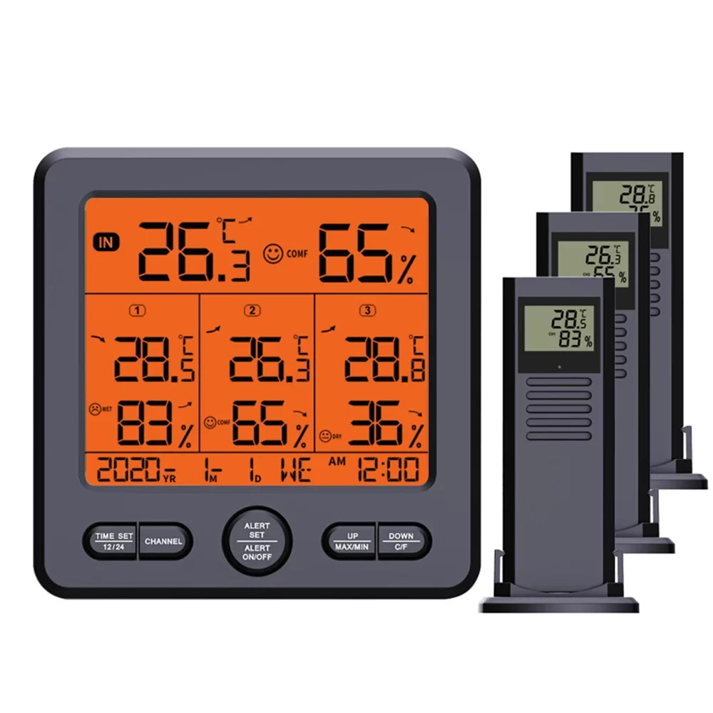 with Indoor Weather & Humidity 98ft/ for Alarm Digital with 3 Home Transmitters Office Stations Backlight Function Sensors Wireless Remote Thermohygrometer 3 Calibration 30m