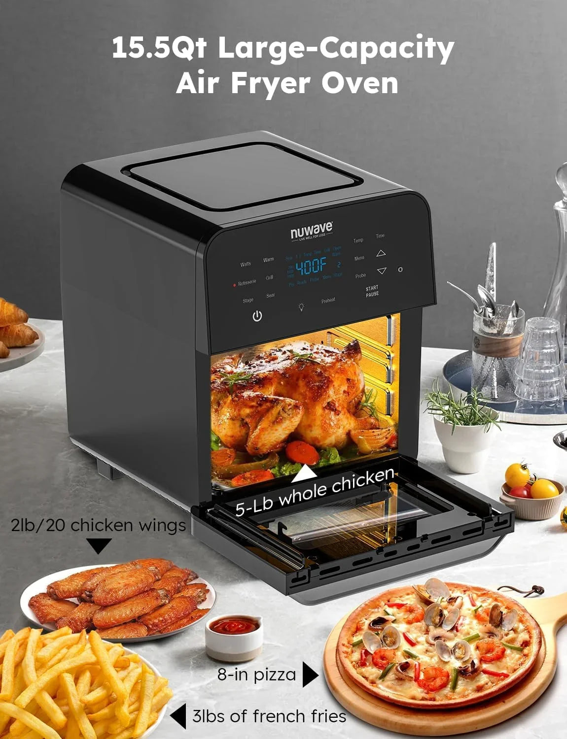 Powerful SS Fryer Integrated Oven, Thermometer Temp Basket 15.5Qt Brio 50F-425F Kit, &-Skewer Size, Rotisserie X-Large Smart Air 1800W, HOZO Controls, Family
