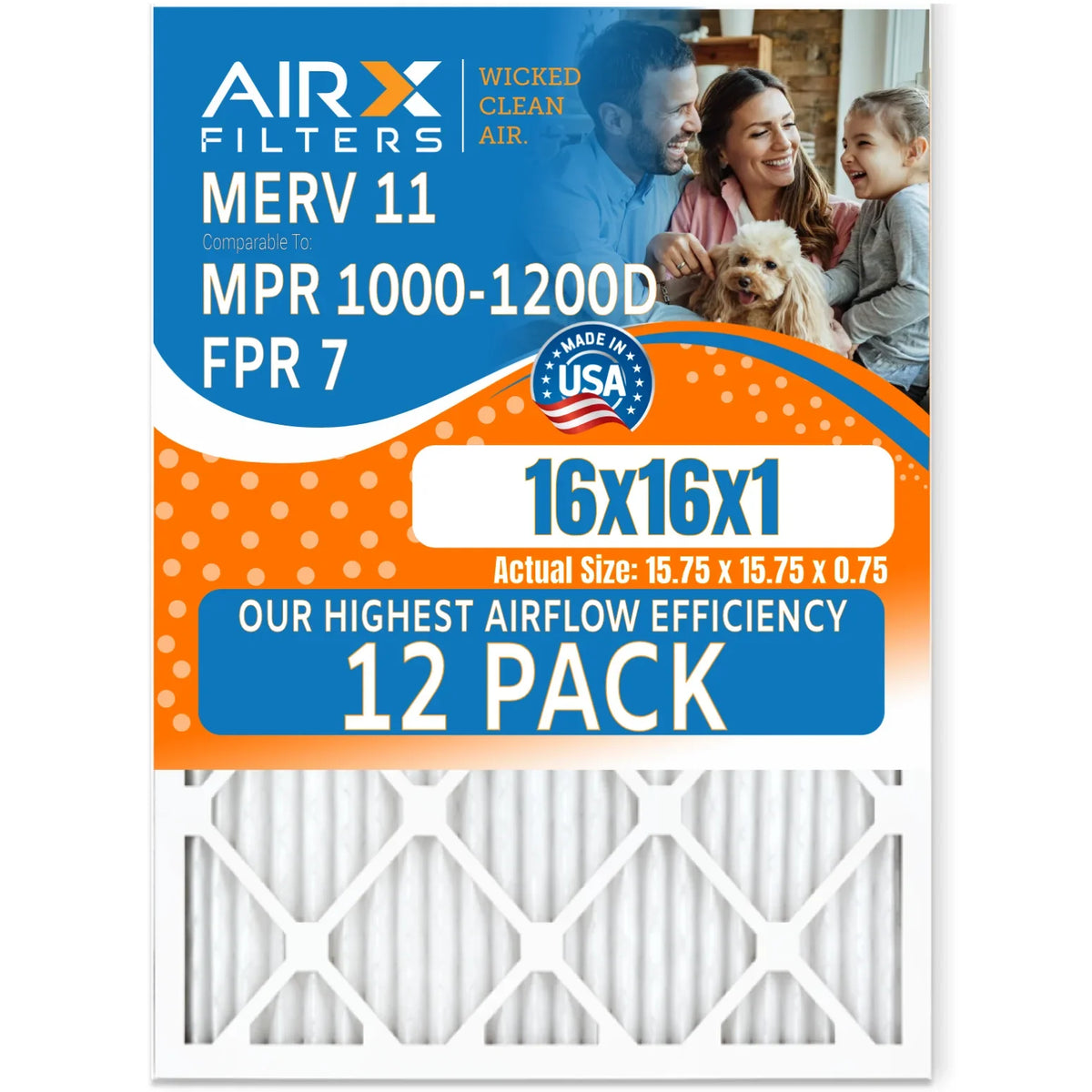 by USA of 1200, Rating, MERV CLEAN AIRX Filters WICKED MPR 11 Comparable 1000, 16x16x1 Air 12 in AIR. Efficiency Made FILTERS Filter MPR 7, Pack FPR Furnace Furnace Filters of Pack High to 12