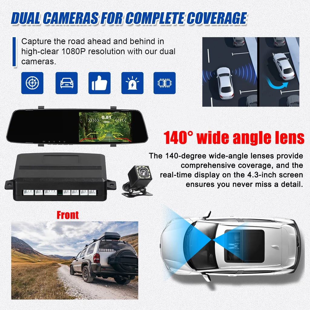 Nebublu Support Dash Reco Dual Inch Inch Rear Reverse Dual 4.3 DVR Radars Cam Screen Dash 4.3 Screen Dash Rear Camera,1080P Rear 4.3 Camera Radars Rear Dual Inch Radars Camera Camera Reverse 4