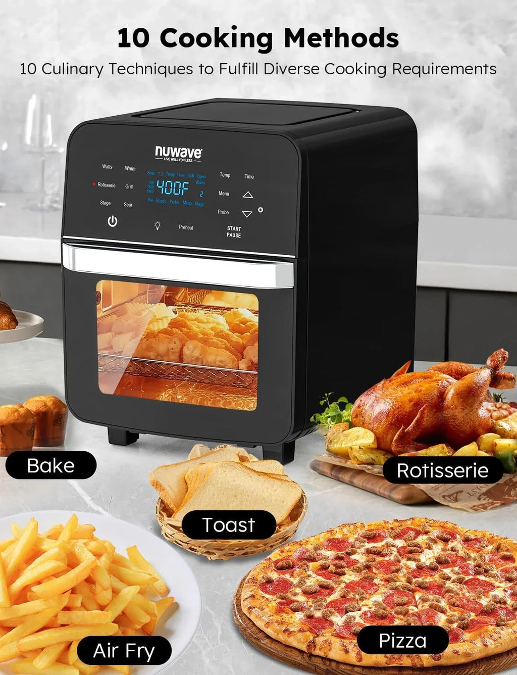 Powerful SS Fryer Integrated Oven, Thermometer Temp Basket 15.5Qt Brio 50F-425F Kit, &-Skewer Size, Rotisserie X-Large Smart Air 1800W, HOZO Controls, Family