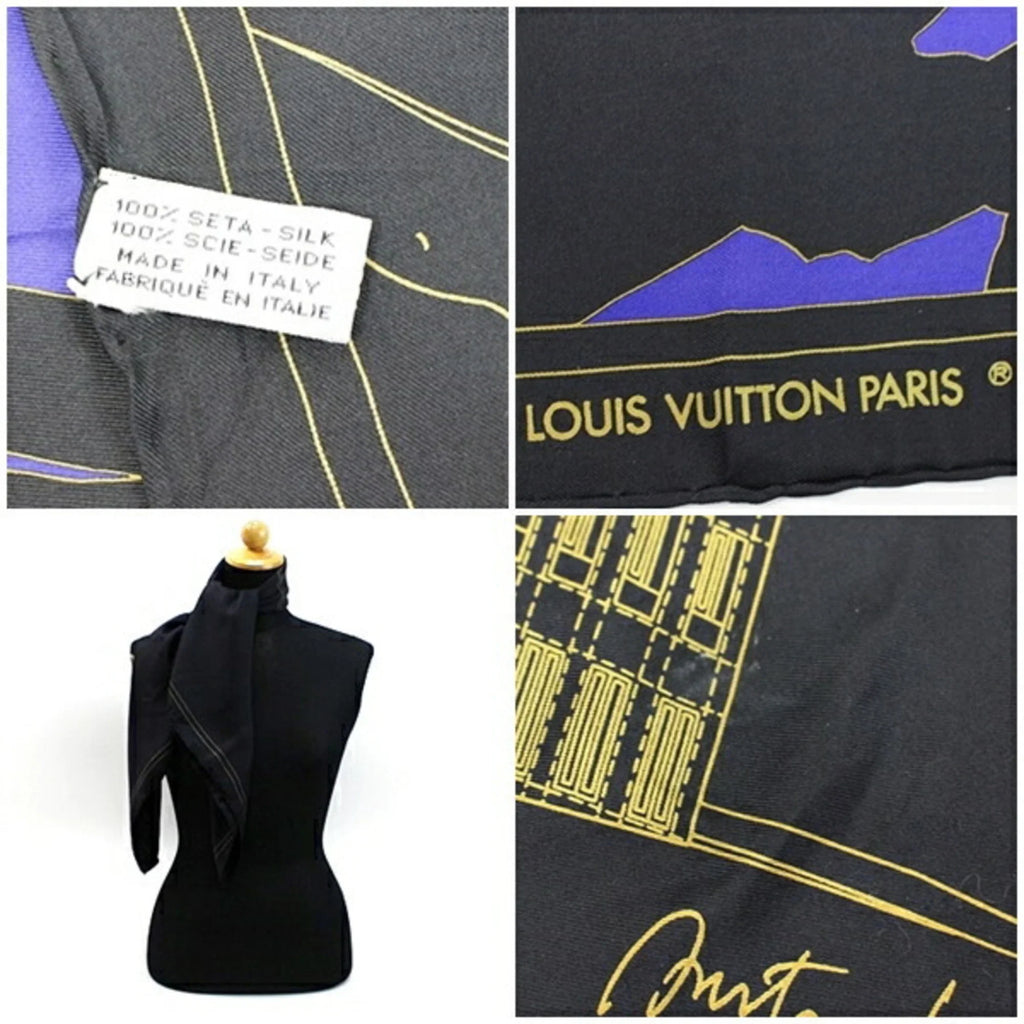 Women's Pre-Owned Black Muffler Louis Scarf Silk Vuitton (Good)