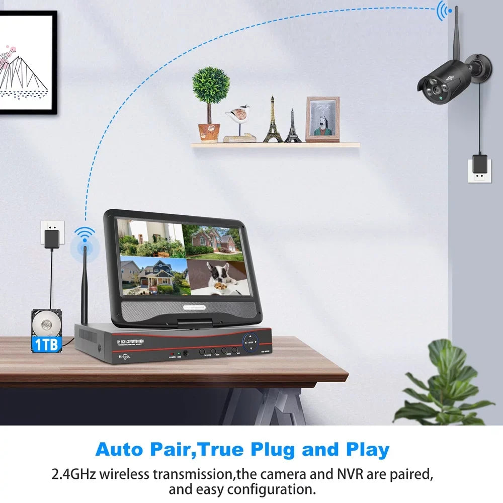 WiFi) Only Channel Wi-Fi Security NVR, 10.1'' System Liquidproof, 2.4Ghz Camera Vision, Drive, Hiseeu with 1TB Audio (Supports Hard Recording, Wireless with Home Camera Security 4Pcs Monitor, Night 10
