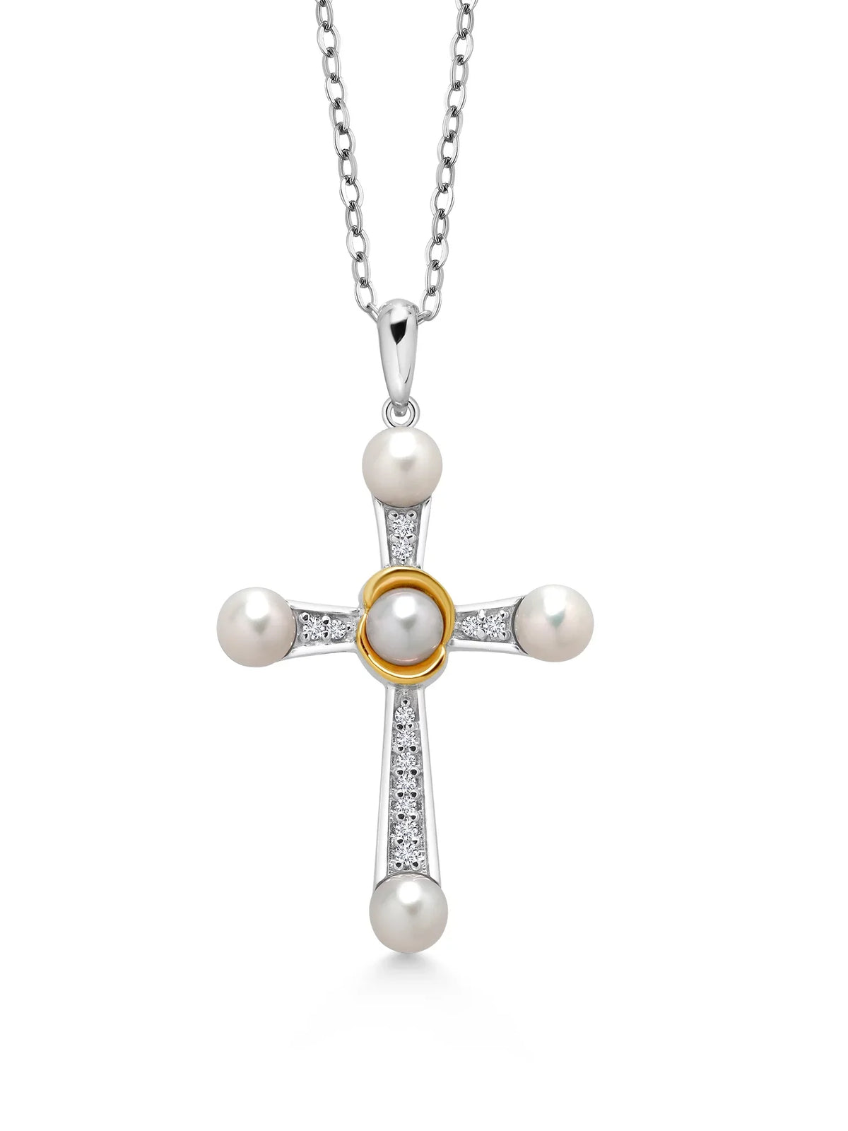 Silver Cross Gold 925 Grown Stone Cultured 18 inch King Necklace 4-4.5MM Cttw, (0.10 Diamond and 10K Women Freshwater Yellow and Pearl Pearls, Gem Round Lab Pendant Chain) for