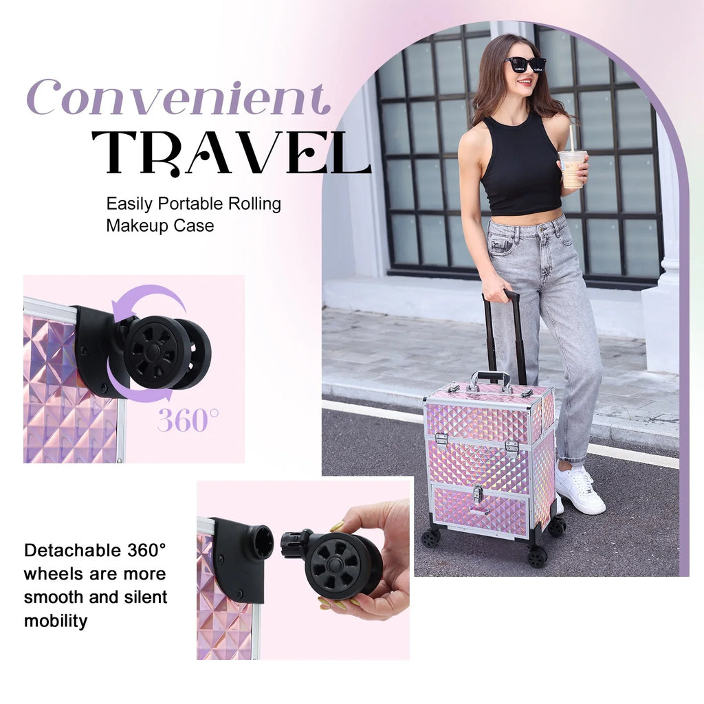 Trolley Professional Rolling Makeup Drawers, with Cosmetic Pink Joligrace Case
