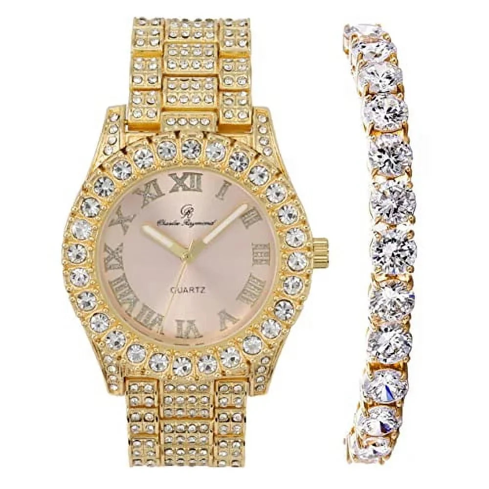 '- Blush) Rocks Fully Bracelet Big Tennis Bling'ed Out (TLA ST10327LA Watch Dial Bezel Iced Gold Women's Numerals with - Out Colored Roman w/Matching