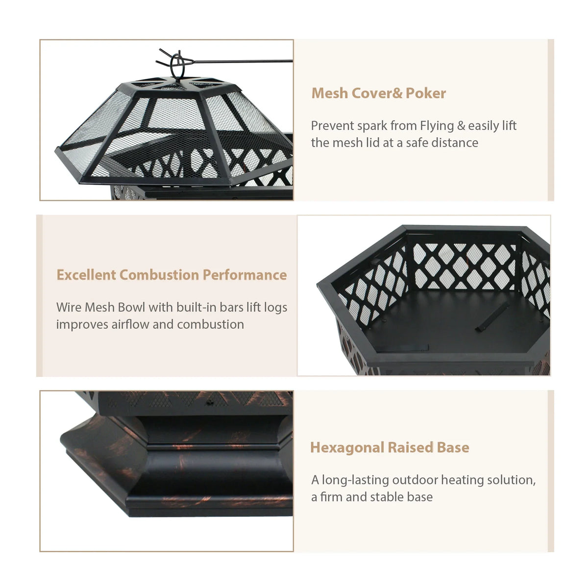 Portable Black Pit - Bonfire Wood Lid, ZenSports Backyard, Hex-Shaped Outdoor 24’’ Pire W/Mesh Burning