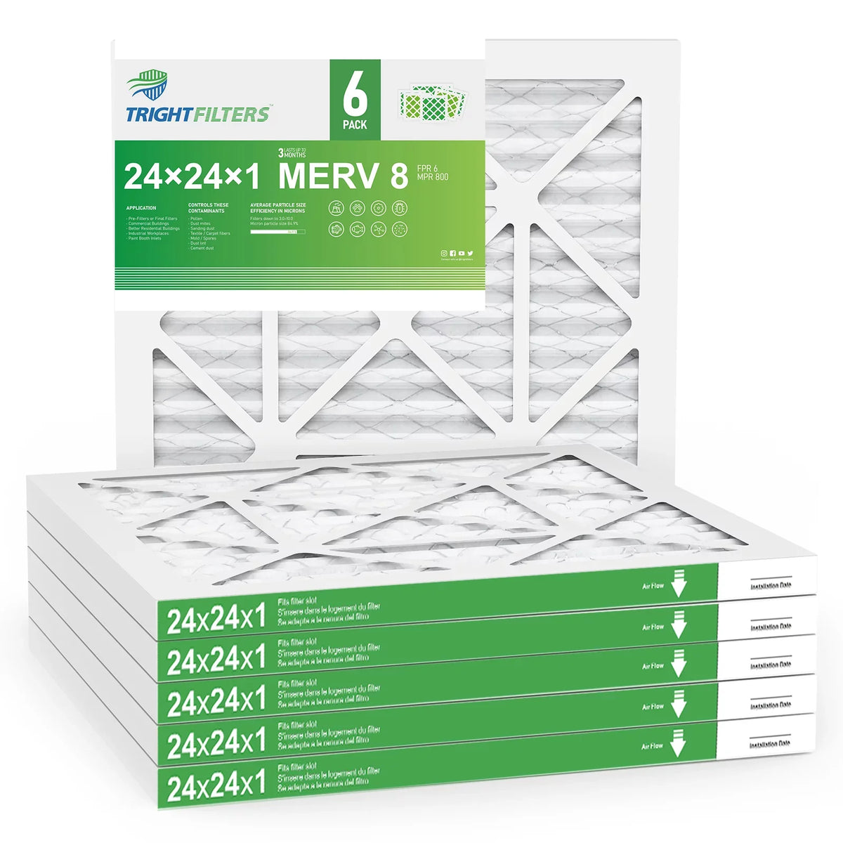 AC Pack 6 Filter TRIGHTFILTERS MERV Air Home 8 Furnace 24x24x1 Filters Pleated HVAC