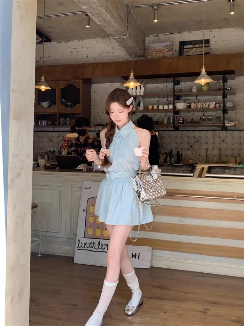 Han Man [In Pei  Sleeveless Short  Mambo Women Tie Waisted Commuter S Oni Pei Neck es Stock]] Halter Mint Deeeefuu