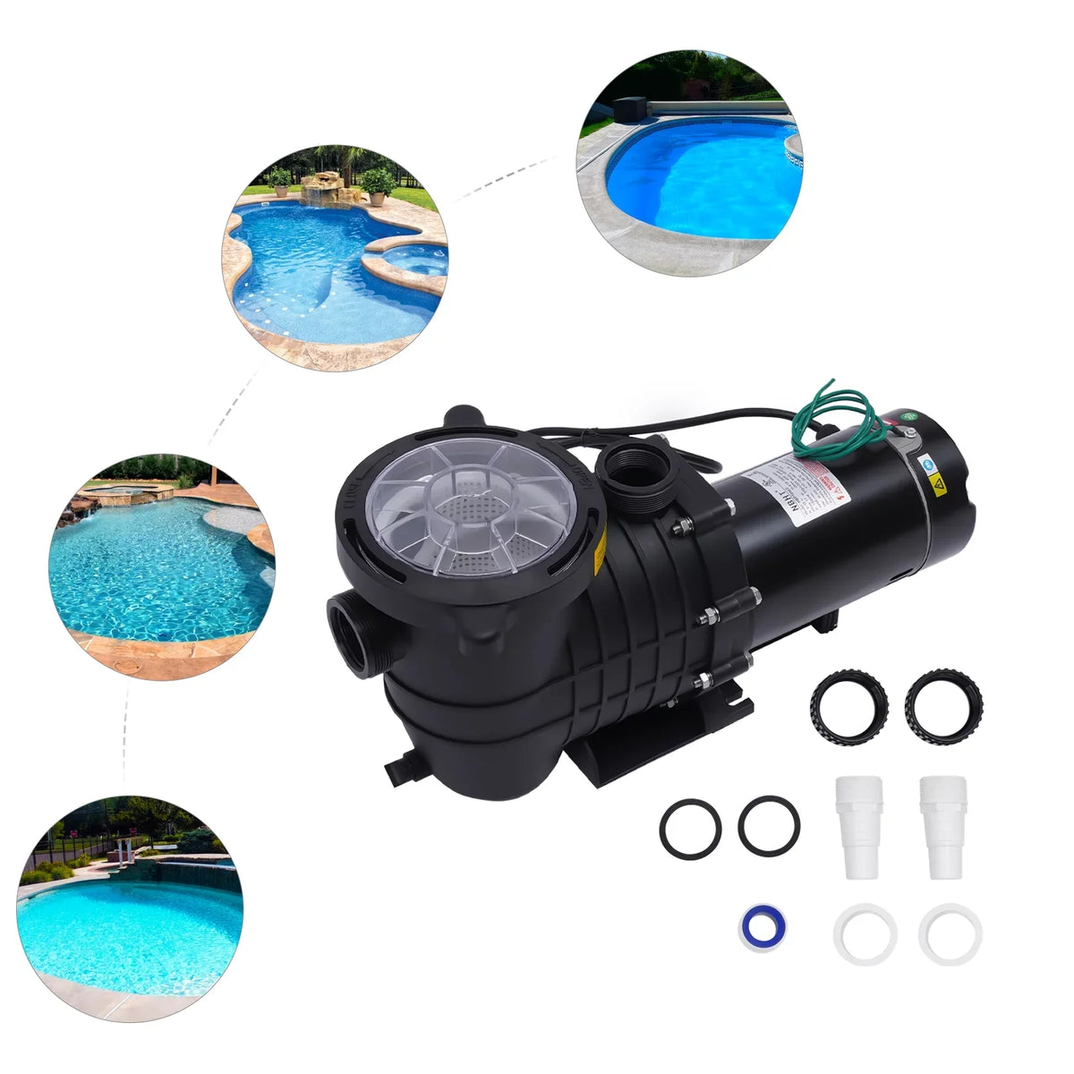 Inground/ Ground Miumaeov Connectors Basket Pool Above In-Ground Strainer with Voltage Dual Pump, and 2HP 6815GPH Swimming Pool Pump