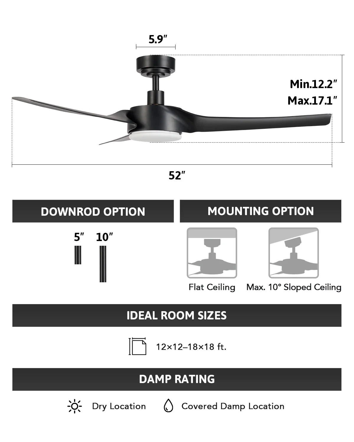 & Remote, Smart Bestco with Black Fan Dimmable Ceiling 52" Modern Light Kit