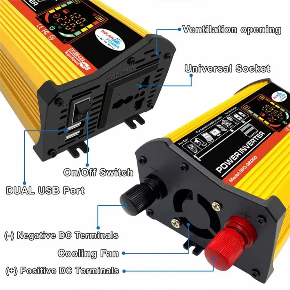 Inverter Charging 500W Ports Auto Fast USB 6000W Display Charger Modified Intelligent 2 Sine Adapter Digital Converter ALLTIMES Car Power DC12V-AC220V Reted Wave