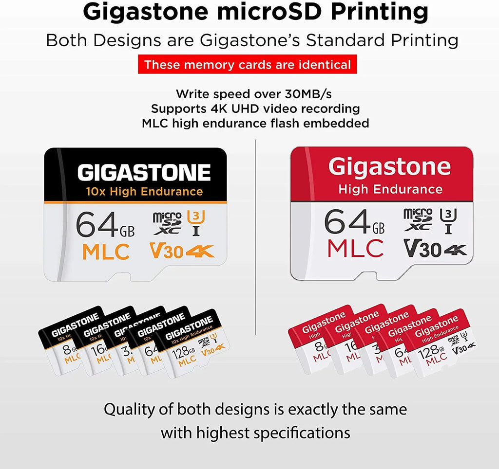 Gigastone 64GB Endurance 100MB/s, Compatible SD (MLC) U3 Card, Recording, 10x Cam, MLC C10, High Video Pack Security (2x64GB) Surveillance Dash Micro Cam, 4K 2