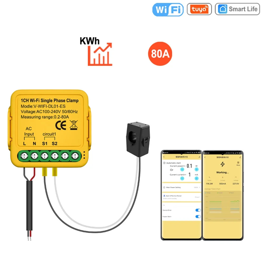 Meter Wifi Consumption Solar 80a Smart 2. Andoer Meter regulator,Statistics Automatic Phase 50/60hz Clamp voltage Clamp 80a Solar Current 100-240v Solar Clamp Smart