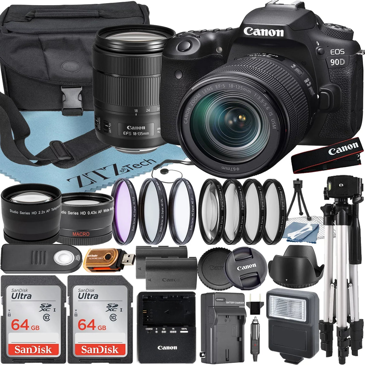 ZeeTech EOS Telephoto Pieces USM Tripod Lens + + SanDisk 2 Camera with 90D 18-135mm 64GB Case DSLR + + Bundle + Card Canon Accessory IS