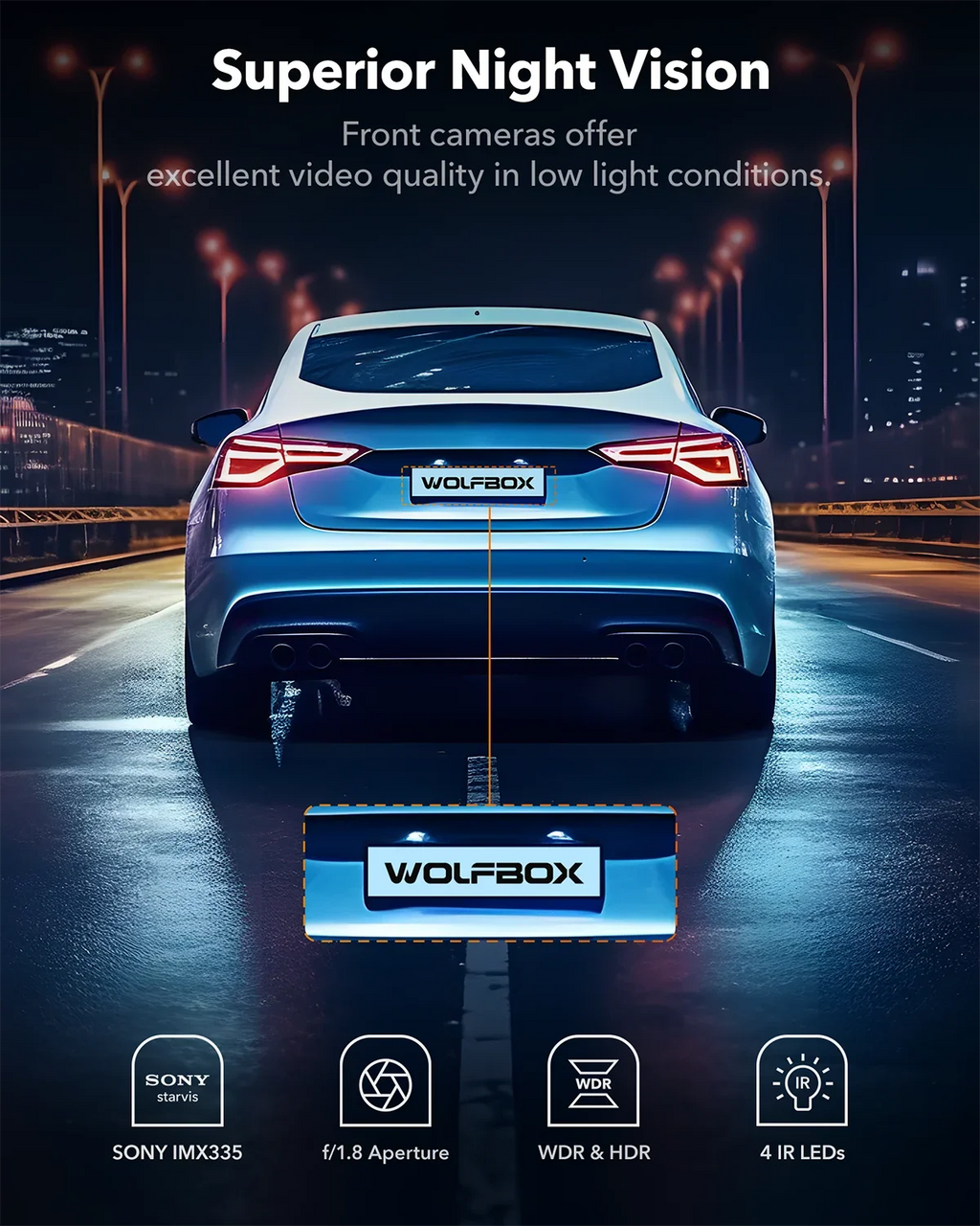 Rear, Dash Dual Camera with IR and 4K+2.5K Camera 3" Card, Dash Dash Vision, WiFi WOLFBOX Night with GPS, 5G Vehicle Cam Super Car LCD UHD Front Cam Built-in 4K 64GB