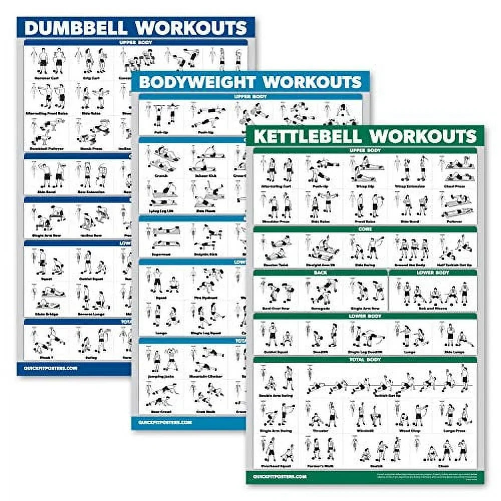 Set 27") Set Bodyweight of QuickFit 3 + - Workouts x 3 Dumbbell Pack (Laminated, 18" Poster Charts Routine - Exercises + Kettlebell Workout