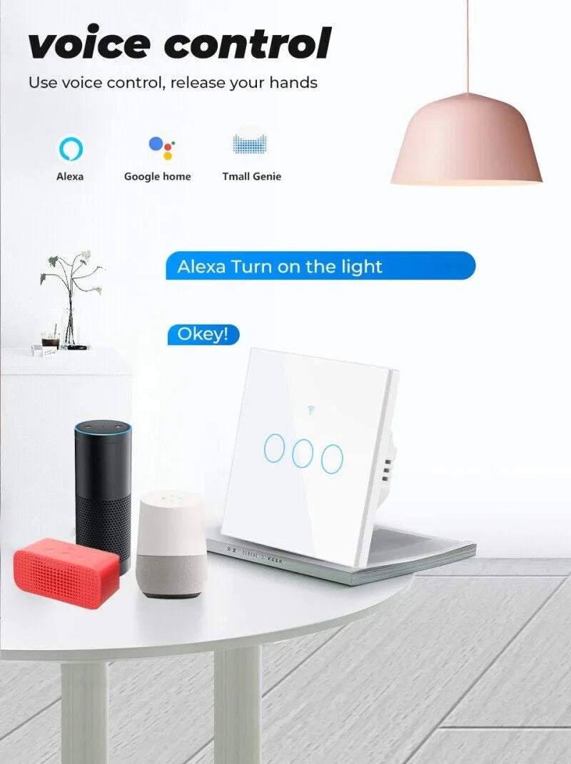 Touch Wall Home Panel TUYA WiFi+433MHZ Smart Light Button Switch Glass 3/4Gang