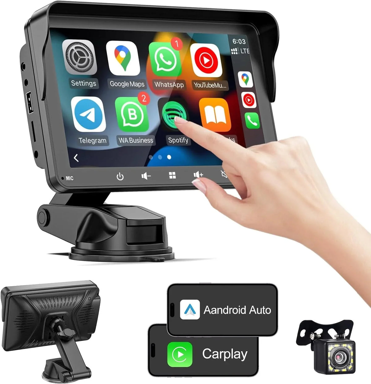 with Android Car Apple Camera, 7" with HD Mirror with Wireless Touch Carplay Din Player, Screen Backup Bluetooth, Portable Audio Stereo Double IPS & Car Link/AUX/FM Stereo, Auto Multimedia