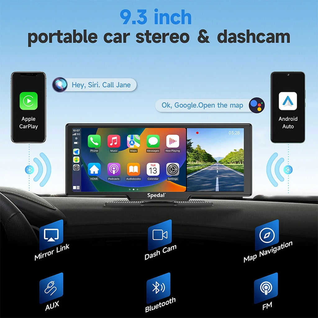 CarPlay Rear- Bluetooth GPS CarPlay Apple Stereo Rear Spedal ＆Android Car and Wireless with Navigation Car Unit 1080p 9.3" Front Auto Dash Screen Cam Receivers Camera Stereo Head 4K Portable CL860