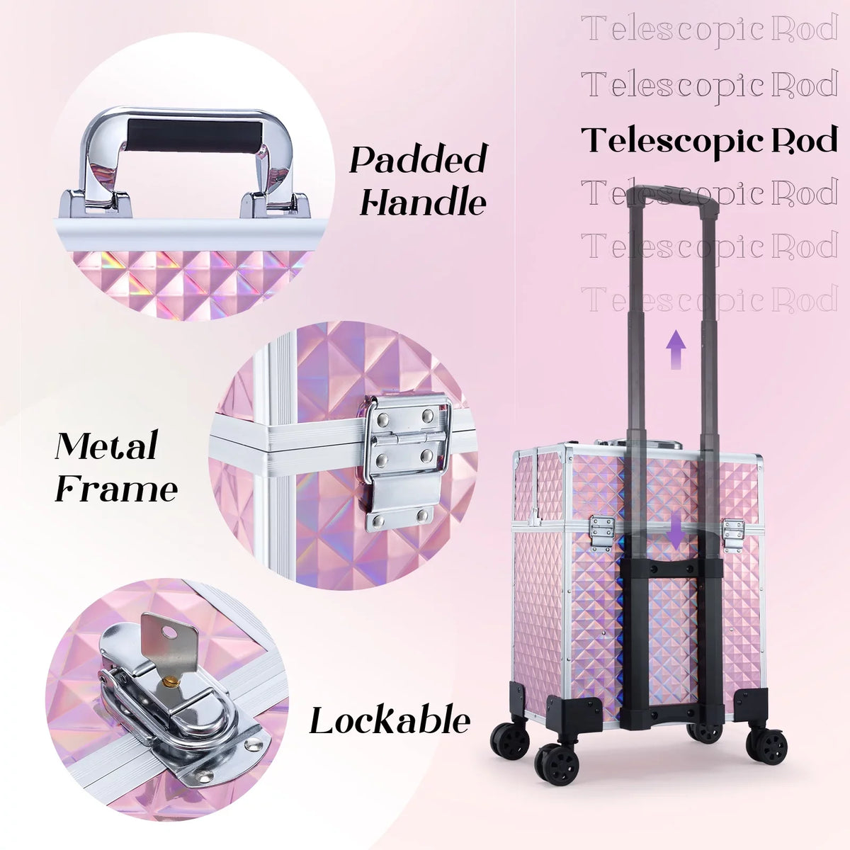 Trolley Professional Rolling Makeup Drawers, with Cosmetic Pink Joligrace Case