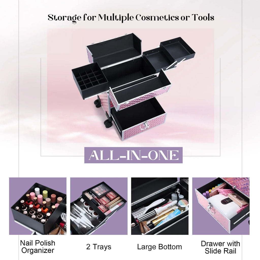 Trolley Professional Rolling Makeup Drawers, with Cosmetic Pink Joligrace Case