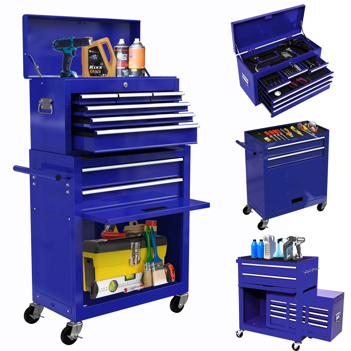 Rolling Chest Double Drawers, Drawers, On Chest 2-IN-1 & Blue Sliding Large Box Drawers, Capacity Cabinet Lockable Tool Wheels Tool with Box, with with Tool Tool 8 Hidden Organizer
