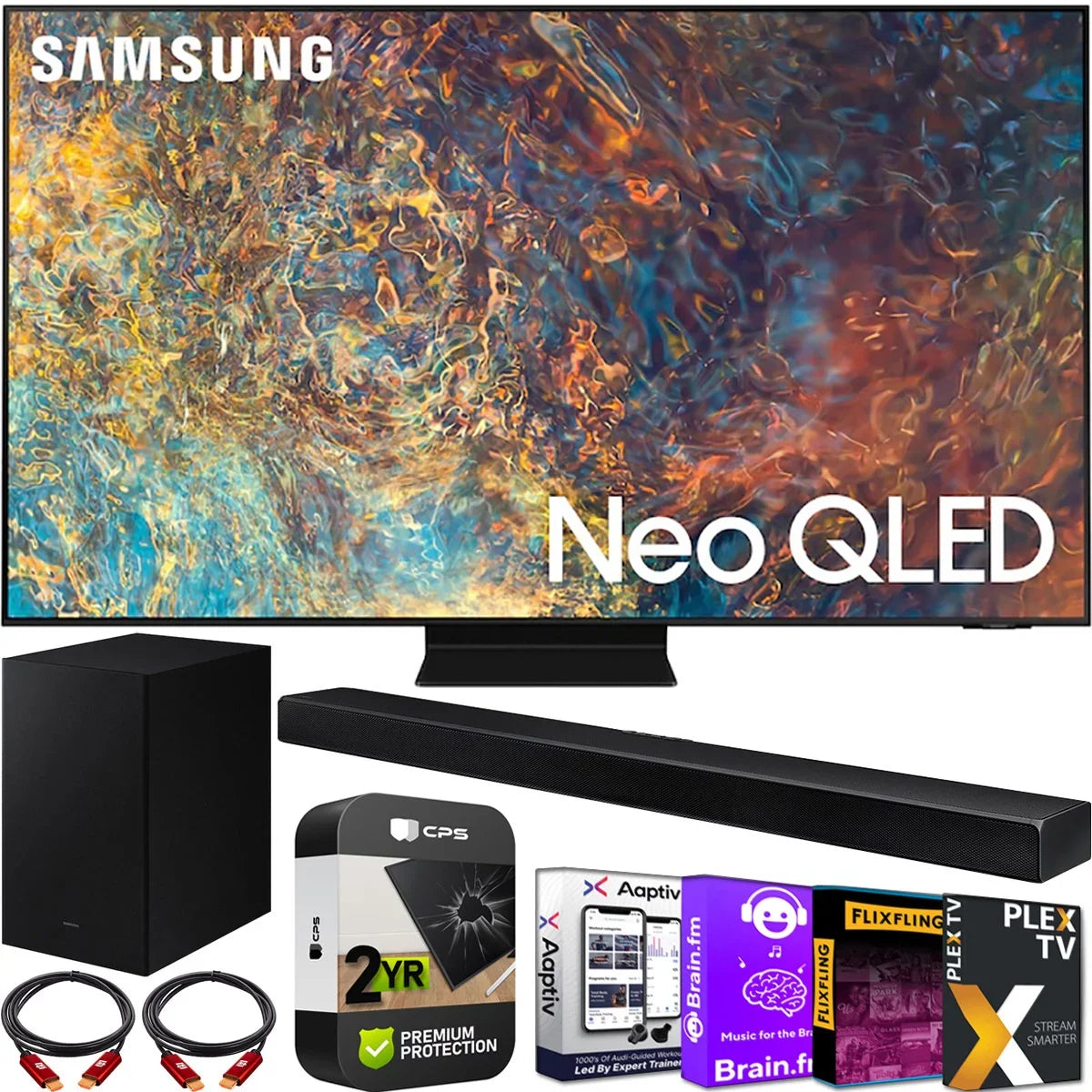 (2021) Neo Pack and Streaming QN65QN90AA Kit Cables 3.1ch Subwoofer Gear Plan with 2 TV Soundbar 4K 65 Year HW-A650 TV Extended Smart Protection Inch Premium QLED Bundle HDMI with 2 Deco Samsung