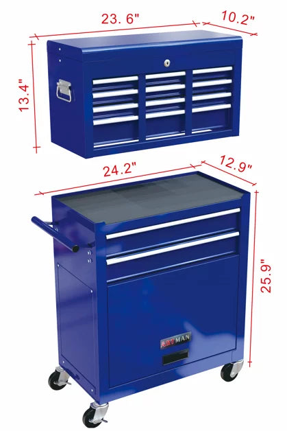Rolling Chest Double Drawers, Drawers, On Chest 2-IN-1 & Blue Sliding Large Box Drawers, Capacity Cabinet Lockable Tool Wheels Tool with Box, with with Tool Tool 8 Hidden Organizer