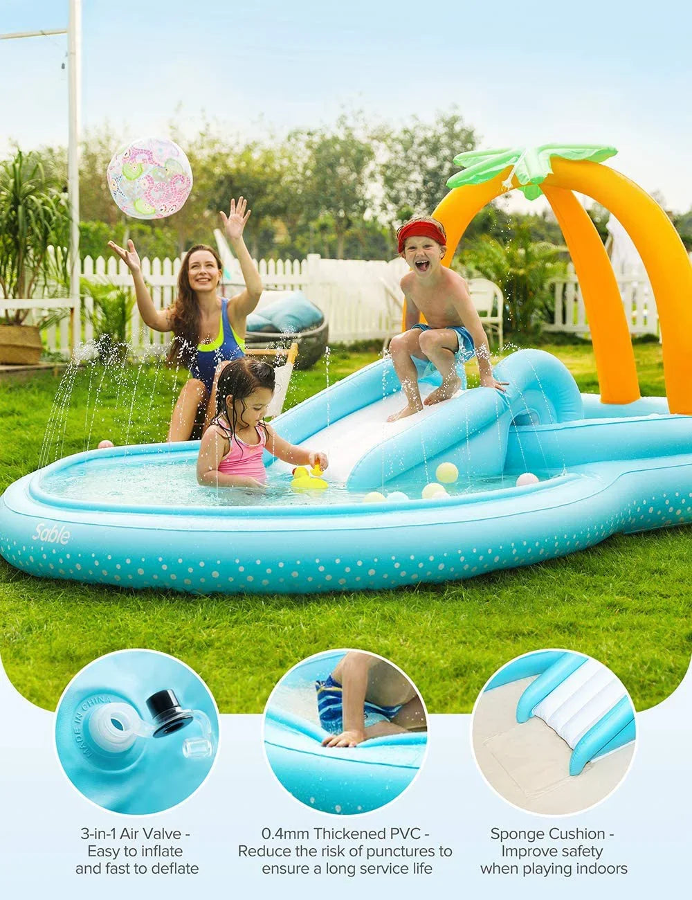 Center Wading Children 110'' Play Kids Inflatable Slide Backyard 53'' for 71'' x Garden Pool x Sable with