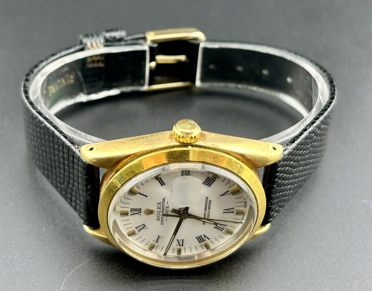 Perpetual 15505 Watch Gold Rolex Date Dial Shell Oyster Vintage White 34mm Men's