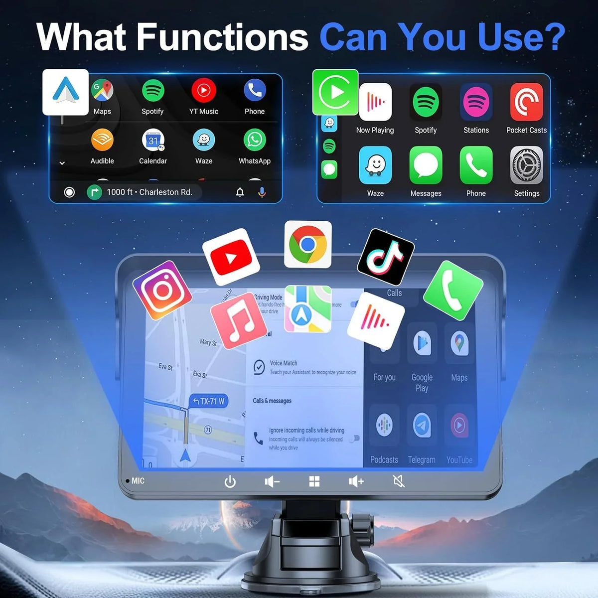 with Android Car Apple Camera, 7" with HD Mirror with Wireless Touch Carplay Din Player, Screen Backup Bluetooth, Portable Audio Stereo Double IPS & Car Link/AUX/FM Stereo, Auto Multimedia