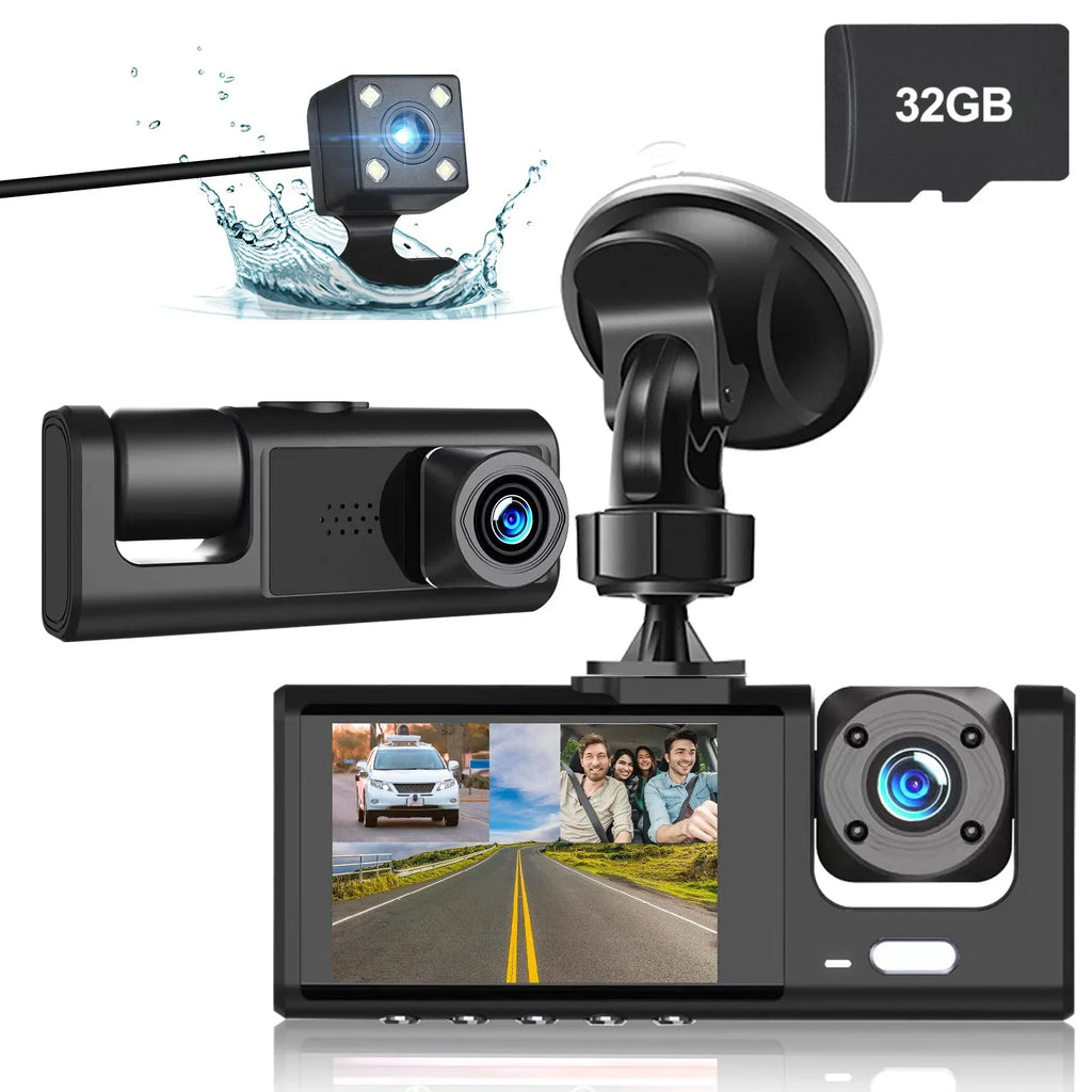 Night Cam Triple IR Camera Inside Dash Rear W/32GB 1080P Front Dual Cam, Dash DVR 3 Camera, Inside Driving TF Recorder, 3 Dashboard Channel Backup G-Sensor Card, Way Car Vision,