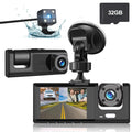 Night Cam Triple IR Camera Inside Dash Rear W/32GB 1080P Front Dual Cam, Dash DVR 3 Camera, Inside Driving TF Recorder, 3 Dashboard Channel Backup G-Sensor Card, Way Car Vision,
