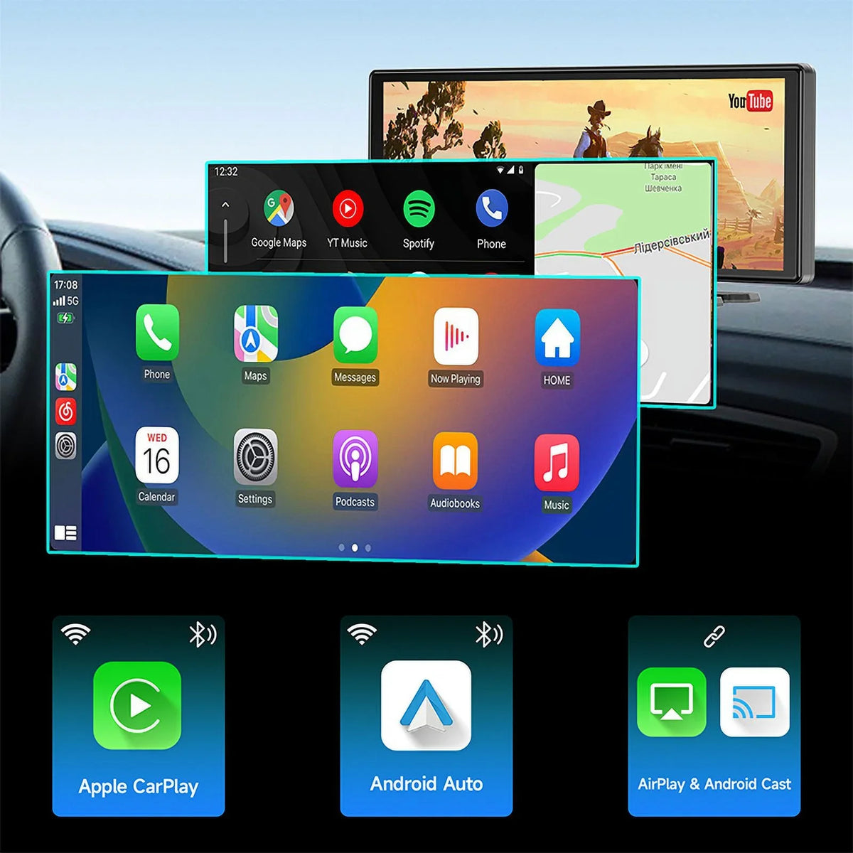 CarPlay Rear- Bluetooth GPS CarPlay Apple Stereo Rear Spedal ＆Android Car and Wireless with Navigation Car Unit 1080p 9.3" Front Auto Dash Screen Cam Receivers Camera Stereo Head 4K Portable CL860