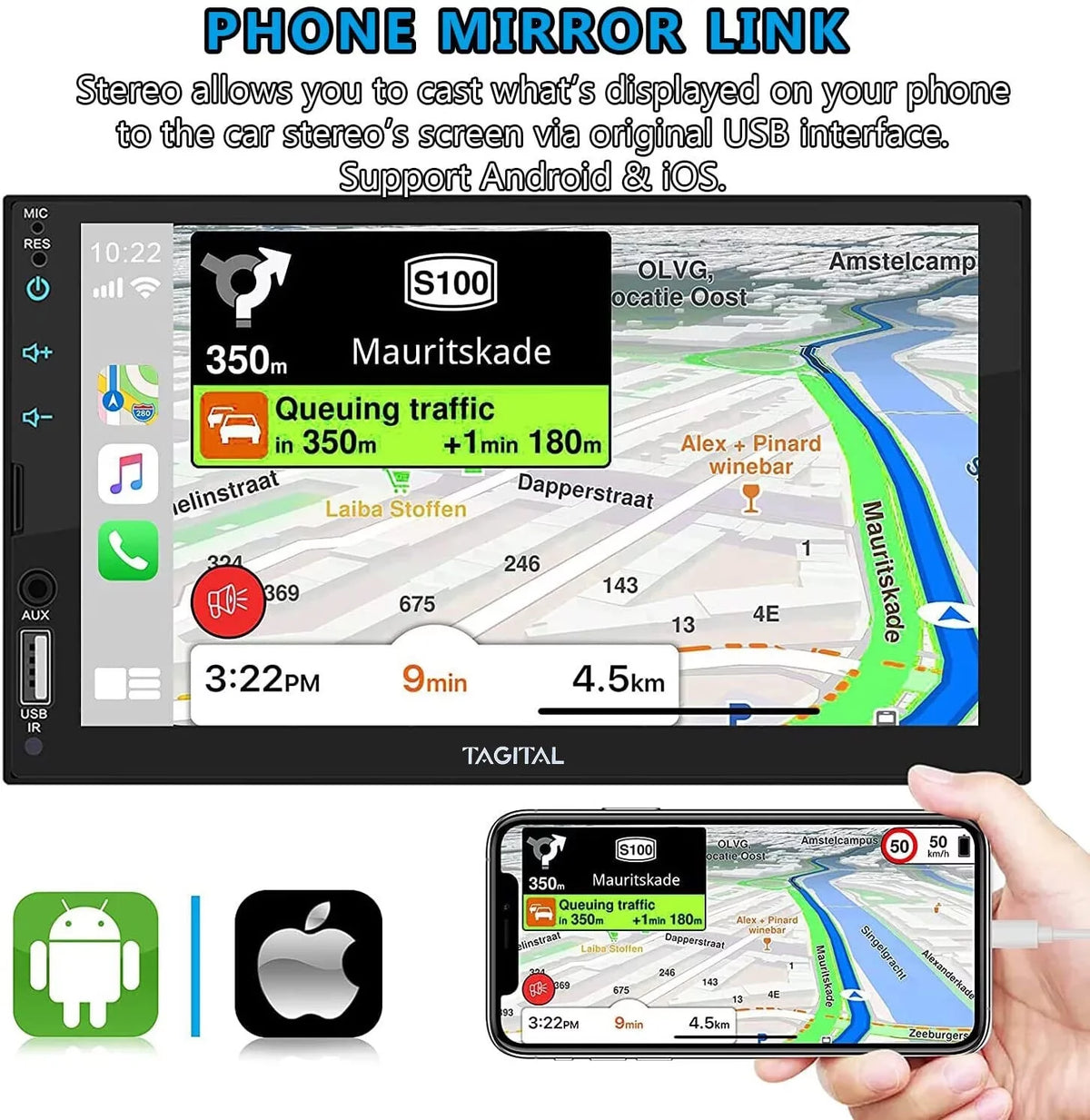 Din 7 Car MP5 Apple Double Tagital Mirror Touch Screen &Android Auto, Player, Backup Inch Bluetooth, Link LCD HD Camera, Stereo Carplay with