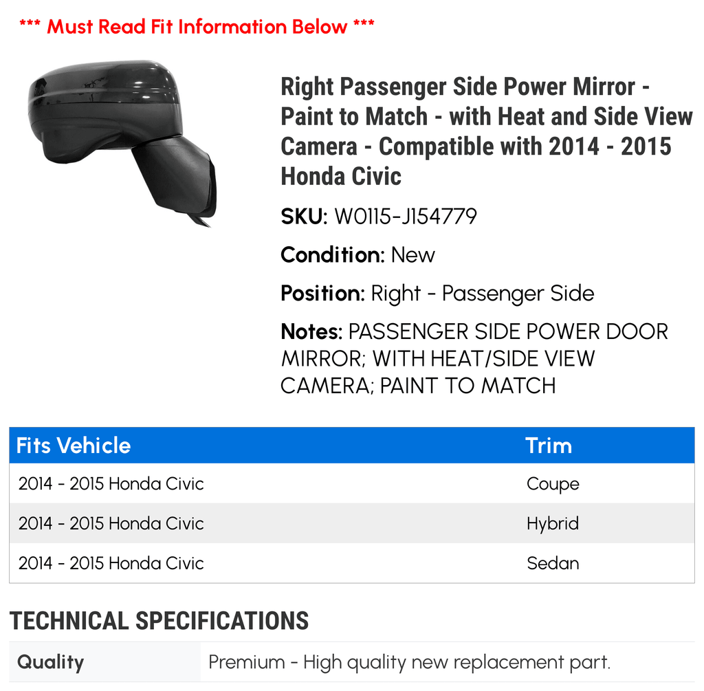 Right Heat Camera Honda to - 2014 with Passenger Side Mirror 2015 - Side Compatible Power Paint Match with - and - Civic View