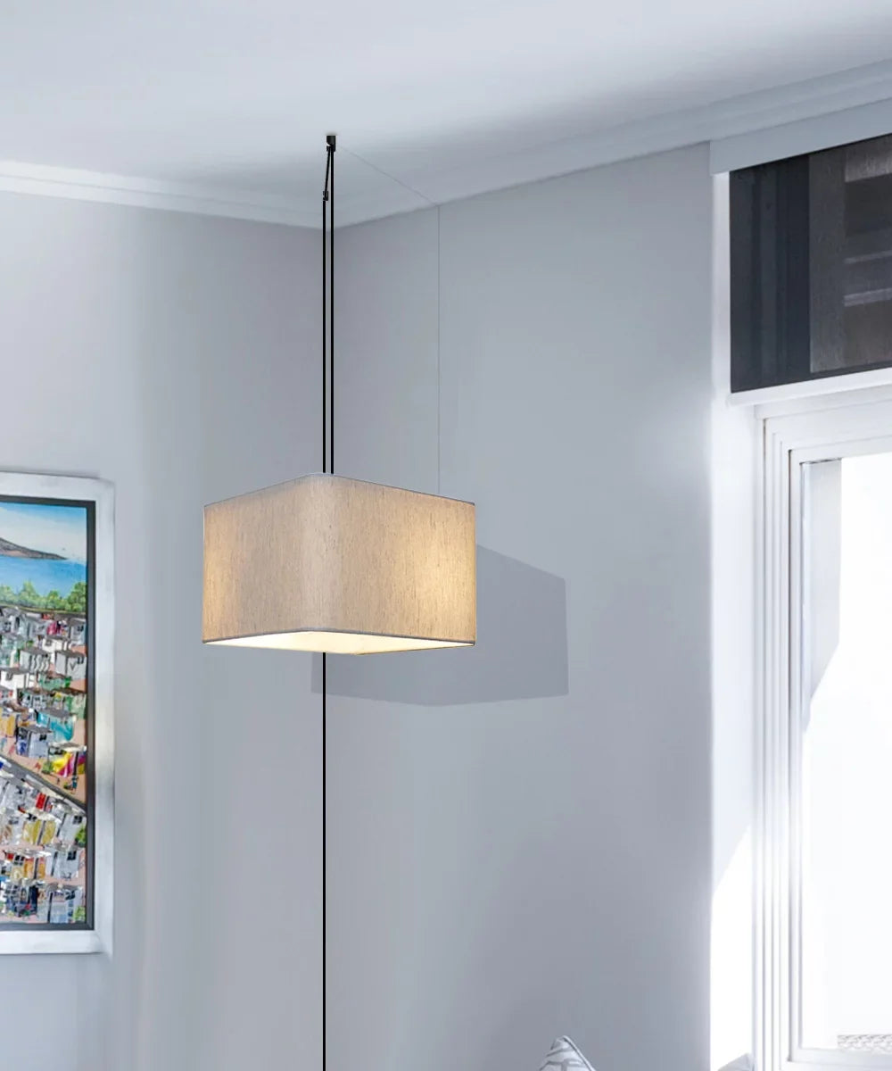 Cord Black Oatmeal Swag Pendant Rounded Square 14"w Plug-In Shade, Light Corner Drum 1