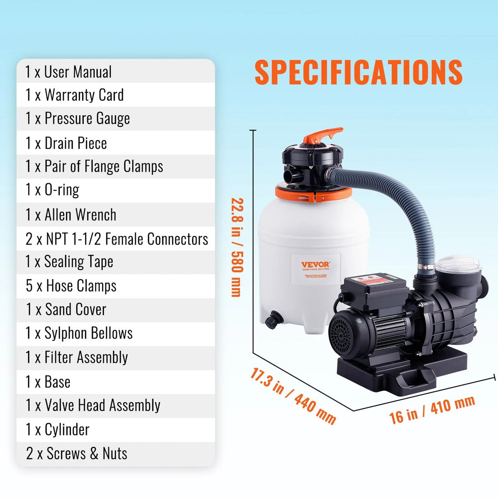 & Filters 3000 HP, Pool 12-Inch Combo 1/2 Sand Pumps GPH Filter Pump, System Swimming