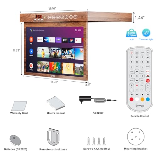 SYLVOX 15.6" Under Cabinet Smart TV C 360 Rotation, 90 Flip-Down Screen, Wireless Connectivity, Space-Saving Design for Kitchen, Bedroom, or RV.