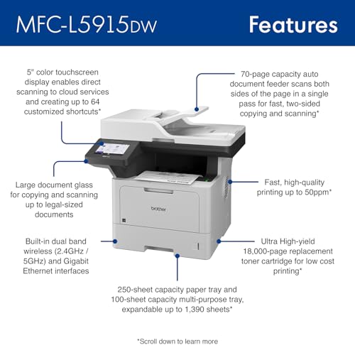 Brother Professional Laser Printer All-in-One with Scanner and Copier, High-Speed 50 ppm Monochrome Printing, Wireless Network Ready, Dual-Band WiFi