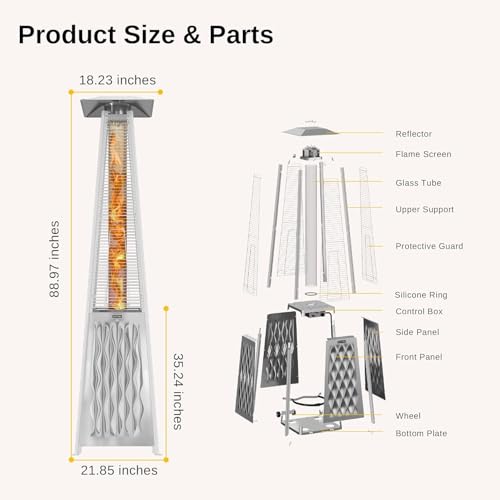 EAST OAK 48,000 BTU Pyramid Patio Heater, Quartz Glass Tube Propane Outdoor Heater with Wheels, Triple Safety Protection, 2025 Upgrade for Home