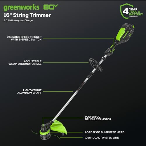 Greenworks 80V Brushless Cordless Yard Tool Combo Kit with 2.0Ah Battery & Rapid Charger C 16" Dual-Line String Trimmer and 500 CFM / 125 MPH Leaf