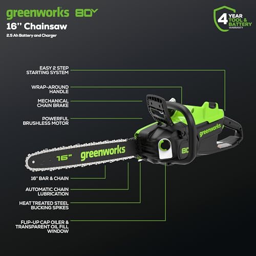 Greenworks 80V 18" Brushless Cordless Chainsaw (Great For Tree Felling, Limbing, Pruning, and Firewood) / 75+ Compatible Tools), 2.0Ah Battery and