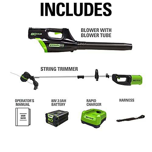 Greenworks 80V Brushless Cordless Yard Tool Combo Kit with 2.0Ah Battery & Rapid Charger C 16" Dual-Line String Trimmer and 500 CFM / 125 MPH Leaf